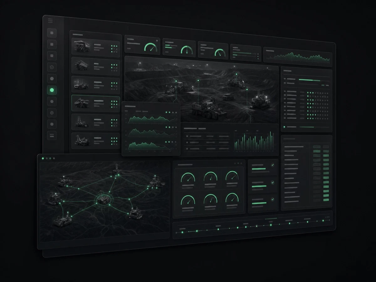 Dark industrial telemetry interface with remote equipment panels, gauge arcs, network map, and time-series charts